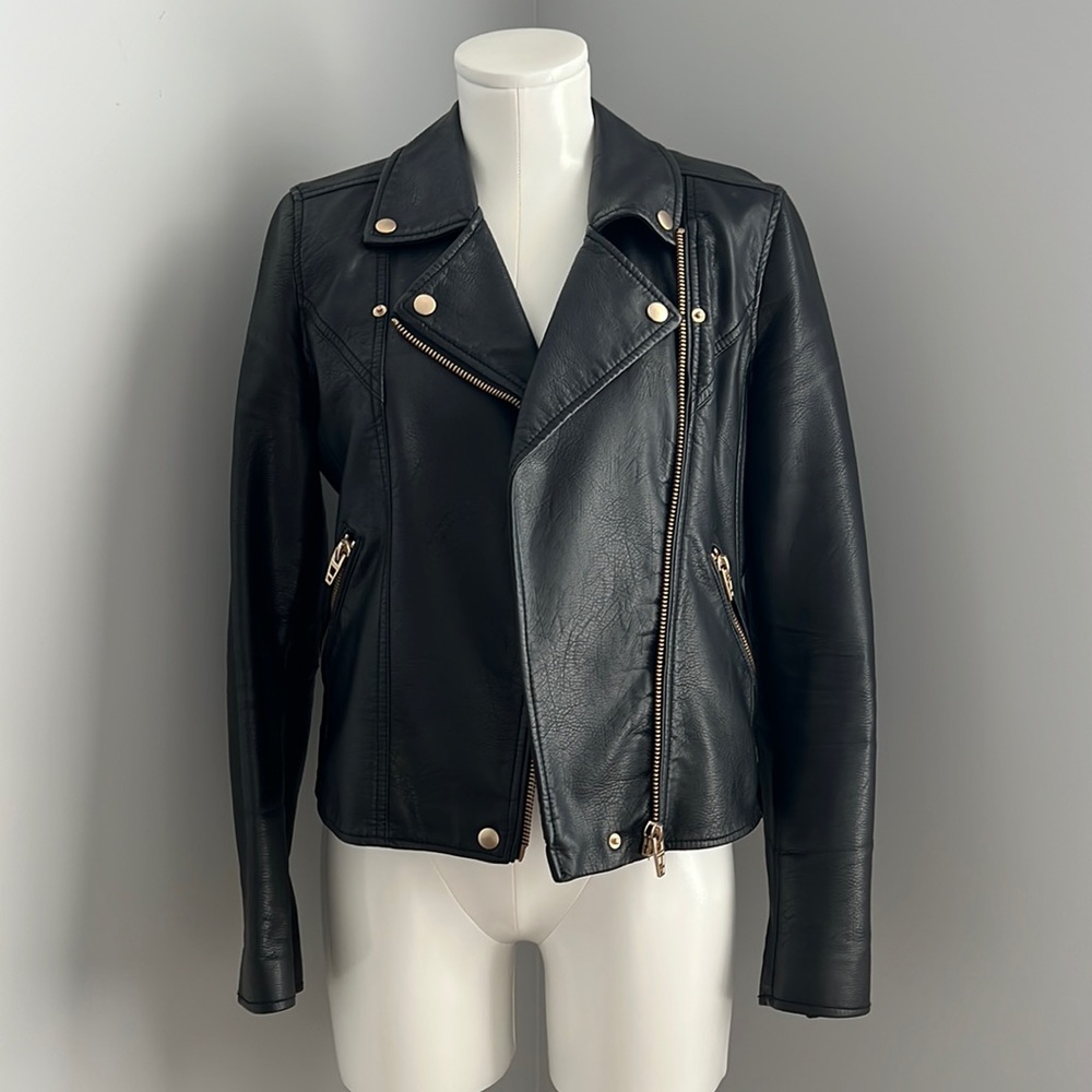 Blank NYC vegan leather jacket. Gold metal detail.